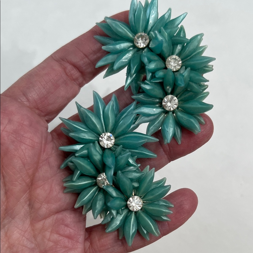 Vintage Celluloid Pair of Cluster clip on  Earrings with Rhinestones deadstock